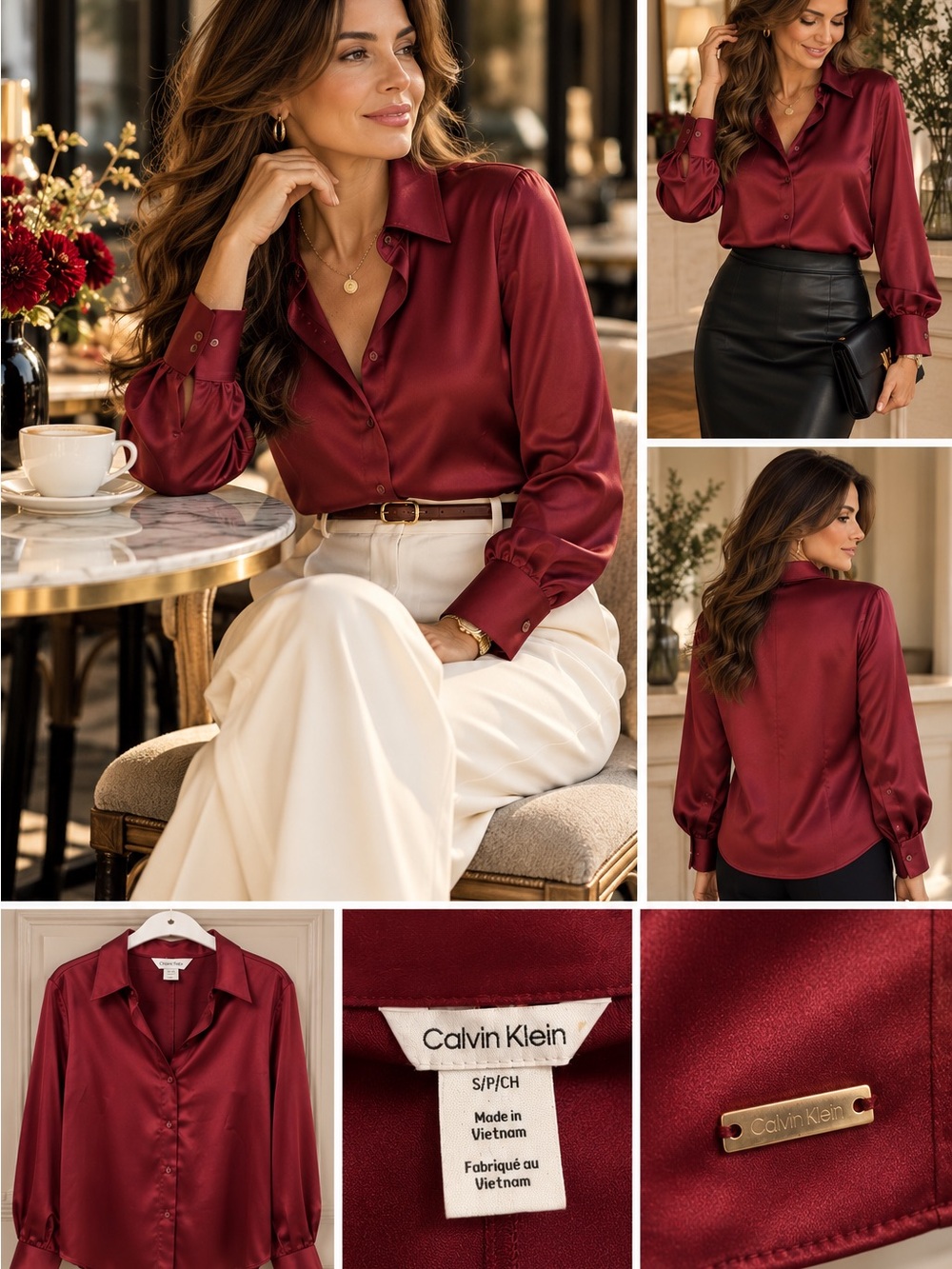 Calvin Klein Satin Button-Front Blouse in Deep Wine